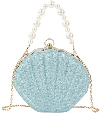 MilyaDE Damen Glitzer Muschel Clutch Acrylic Paillette Geldbörse Schultertasche Umhängetaschen Handtasche mit Perlen Metal Ketten 19,5 * 6 * 16,5cm, Blau