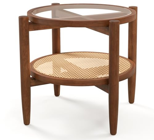 COSTWAY Round Side Table, 2-Tier PE Rattan Sofa End Table Accent Nightstand with Tempered Glass Top and Acacia Wood Legs, Small Coffee Snack Tea Tables for Living Room Bedroom Office (1PC, Brown)