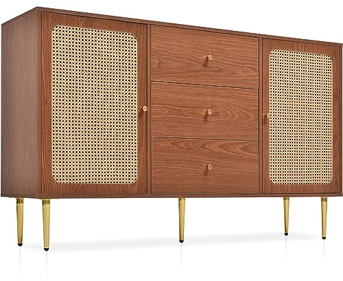 sogesfurniture Sideboard, Kommode mit 3 Schubladen und 2 Türen, Anrichteschrank Rattan, Aufbewahrungsschrank, Schubladenkommode mit Metallgriffe, für Wohnzimmer, Schlafzimmer