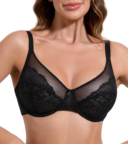 HACI Women's Unlined Minimizer Bra Full Coverage Deep V Underwire Plus Size Lace Everyday Mesh Big Bust(Black,38DDD)
