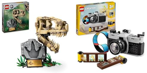LEGO Jurassic World Dinosaur Fossils: T. rex Skull Toy for 9 Plus Year Old Boys, Girls & Kids & Creator 3in1 Retro Camera Toy to Video Camera to TV Set, Kids' Desk Decoration