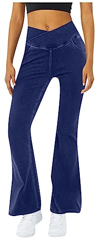 FUPODD Schlaghose Leichte Sommerjeans Damen Hohe Taile Jeanhose Mit Gummizug Jeans Lässige Strecken Flared Bootcut Hüftjeans Weites Bein Luftige Hosen Elegant Trekkinghose Frauen Bequeme