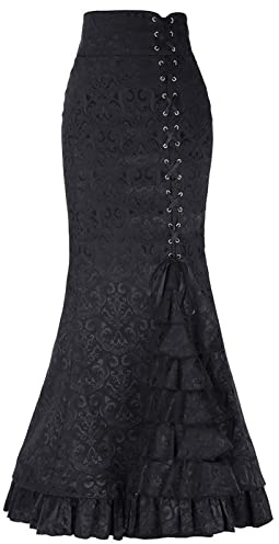LUSHAasd Deals of The Day Women Gothic Skirt Ruffled Steampunk Skirt Victorian High Waist Retro Maxi Skirt Plus Size Ladies Lace Up Vintage Long Bodycon Ruffle Skirt for Party Club Black