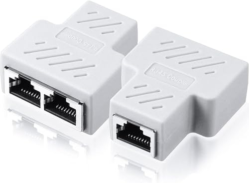 VizGiz 2 Pack RJ45 Splitter 1 to 2 Port T Adapter Female Socket Ethernet Connector Dual Ways Plug Modular Hub Switcher for Network Cat5 Cat6 Cat7 LAN Cable Computer PC Router POE IP Camera TV Box