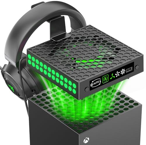 Xbox Series X Cooling Fan Dust Cover with Auto Mode, Xbox Series X Fan with 9 RGB Lights, Built-in AUTO Adjustable Fan Cooling System, Xbox Series X Top Cooler, Cooling Stand with Headset Holder