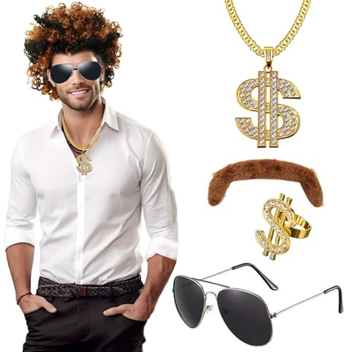 Wondora 70er 80er Kostüm Herren 5er Set – Vokuhila Perücke, Schnurrbart, Sonnenbrille, Halskette & Ring, Retro Hippie Disco Kostüm Accessoires für Halloween, Karneval, Party & Role Play