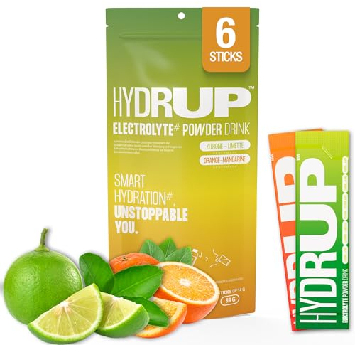 HYDRUP - Elektrolytgetränk ohne Zucker in Pulver 1733 mg - Sofortige Hydration & Energie mit Vitaminen B und C - 3x Orange, 3x Zitrone-Limette - 6 Sticks je 14 g - Gluten- & Laktosefrei