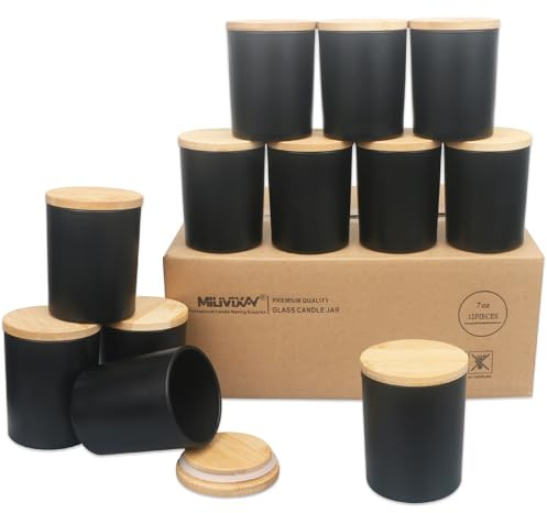 MILIVIXAY Paquete de 12 tarros de cristal grueso negro mate de 207 ml con tapas - Tarros de vela vacíos a granel para hacer velas - Recipientes para especias y polvos.