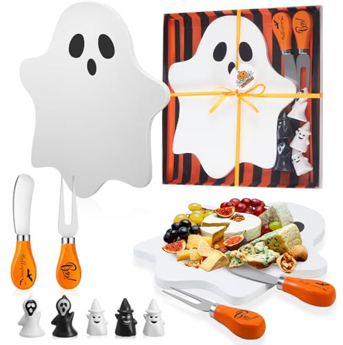 Ziliny Halloween Cheese Board Set Mini Ghost Shaped Cutting Board Small Bamboo Wooden Charcuterie Halloween Platter Serving Tray with Knives and Forks Tags Box for Party Gift Kitchen Decoration