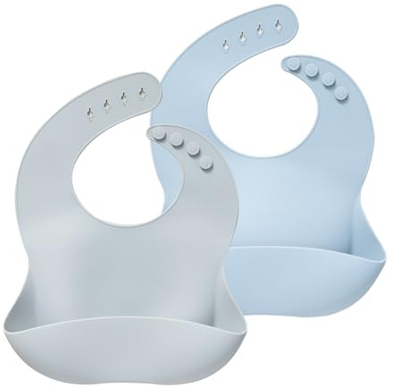 Moonkie Silikonhaklappar Baby 5-pack, BPA-fri, tvättbar, babyhaklapp, vattentät, mjuk, hållbar, justerbar silikonhaklapp för spädbarn och småbarn (ljusgrå/blå dimma)