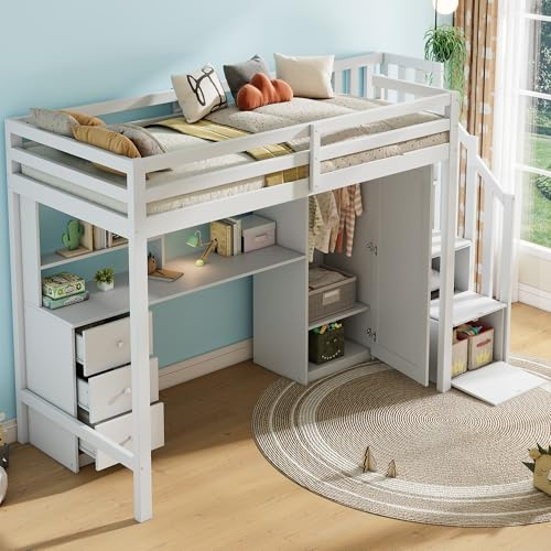 KecDuey 90x200 cm cama alta con escritorio, armario y cuna multifuncional, escalera, cama litera, cajones y gran espacio de almacenamiento