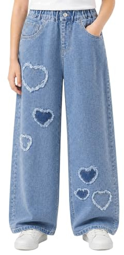 FILOWA Jeans Ragazze Lunghi Denim Pantaloni con Vita Elastica, 6-14 Anni | Bambina Baggy Jean, Stretch Gamba Larga Denim Pants con Tasche, Larghi Casual Blu Pantaloni, Moda Streetwear Bambine