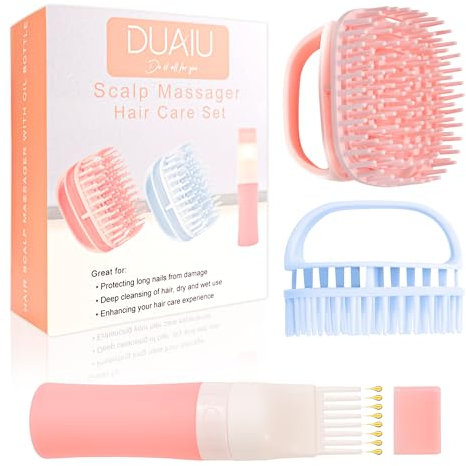 DUAIU Scalp Massager with Hair Oil Applicator Bottle, Silicone Root Comb Bottle and Shampoo Brush Set, Hair Massager Scalp Oil Applicator for Dye Application and Scalp Care (3PCS)