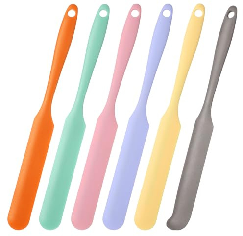 sourcing map 6Pcs Silicone Jar Spatula, Heat Resistant Jam Spreader Non-Stick Silicone Scraper Spatula with Handle for Jars, Bottles, Cooking Baking Tools (Green/Pink/Purple/Yellow/Orange/Grey)