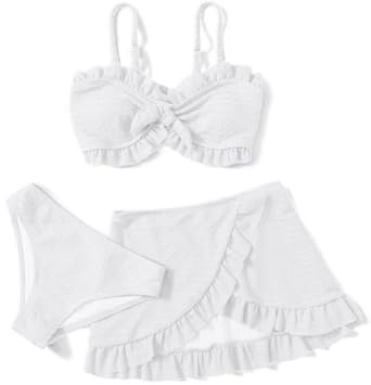 Arshiner Trajes de baño de 3 Piezas para niñas, Top de Bikini con Parte Delantera torcida, bañador de Color Liso, Falda para Cubrir la Arena, Traje de baño para Playa y Piscina para 5 a 14 años