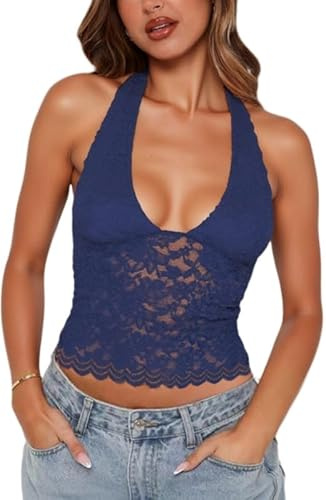 Sukiglam Camiseta sin Mangas Mujer Verano Encaje Camisetas Elegantes Cuello Halter Chalecos Blusa Sexy Sin Vientre Camisola Shirt Floral Suave Y2k Tank Tops Moda Crop Top de Fiesta Streetwear