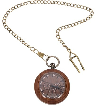 Healvian Taschenuhr mit Glas mit Kette für Herren im Retro Stil Vintage Holz Dekorative Hängeuhr für Täglichen Gebrauch oder Partys