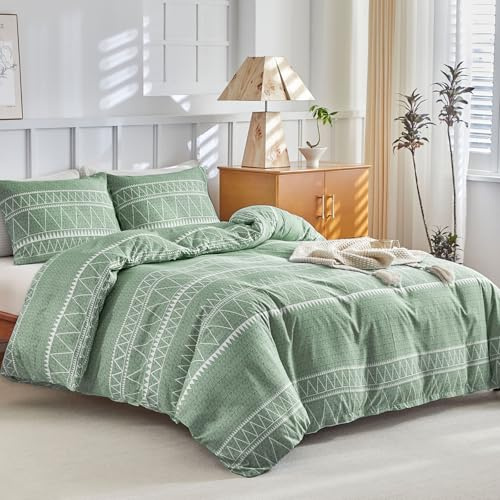 Lekesky King Size Duvet Cover Sets Sage Green Bedding - Geometric Stripe Print Bedding Sets King Size (1x Quilt Cover, 2x Envelope Pillowcases) Soft Microfibre Duvet Cover 230x220 cm, Sage Green
