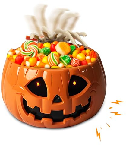 NAVESO Halloween Süßigkeiten Schale, Halloween Schüssel Animiert mit Skeletthand, Kürbis Dekorative Schale mit Licht Red Eye und Sound, HalloweenSchale für Süßigkeiten, HalloweenDeko Horror, Orange