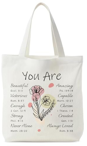 Yoljun Christliche Tote Bag, Aesthetic Bibel Einkaufstasche, Tragbare Stoffbeutel Bedruckt, Christliche Geschenke für Frauen, Mutmacher Geschenk Freundin für Einkaufen Lebensmittel Fitnessstudio