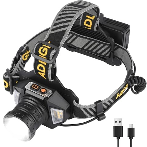 SternSinn Lampe Frontale Led Ultra Puissante Avec Batterie de 7800 Mah et Capteur, Rechargeable, Zoomable, Etanche Ip65 avec 8 Modes Déclairage, Réglable à 90° pour Le Camping, La Pêche