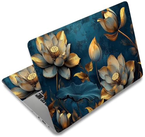 SUPERDANT Autocollant pour Ordinateur Portable avec Fond Bleu Lotus Fleur en Feuille d'Or Stickers PVC Décoratifs Défense Contre Poussière Artistique 12 13 13.3 14 15 15.4 15.6 Décoration