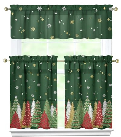 Rodvnyh Christmas Kitchen Curtains 3 Piece Set Short Tier Green Christmas Tree Valances Over Sink for Windows Winter Holiday Cafe Curtain Window Treatment Home Decor 24 Inch