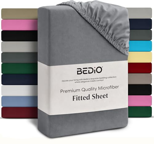 BEDIO Grey Fitted Bed Sheet Double Size – Deep Pocket 40cm (16 Inch) Extra Fit Mattress Cover, Double Brushed Microfiber BedSheet, All Around Elastic Breathable, Wrinkle & Fade Resistant