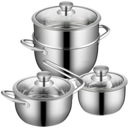 Juego De Ollas Juego De Utensilios Cocina 3 Uds, Olla Para Sopa, Cacerola Para Leche, Vaporera Con Tapa Vidrio, Ollas Acero Inoxidable Cocina Para Casa