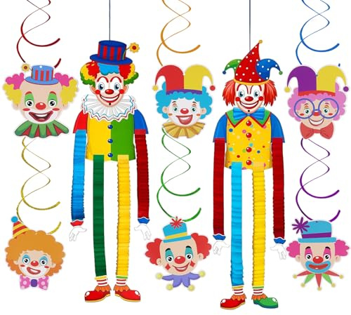 8 Stück Clown Girlande Karneval, Clown Karneval Deko, Faschingsdeko, Luftschlangen Bunt Karneval mit 6 Stück Zircus Clown Hängedeko und 2 Clown Fasching Deko für Zirkus Deko und Geburststagsparty