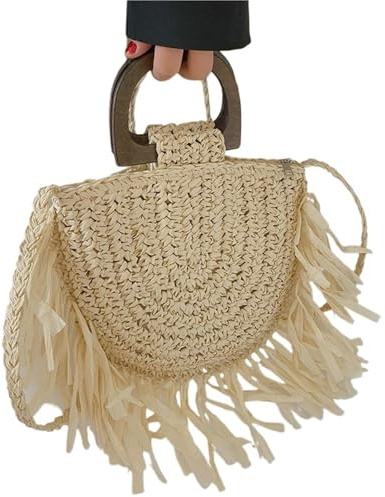 XPJYUA Fransväska Halm Tofs Halvcirkel Axelväska för Kvinnor, Handgjord Vävd Väska, Semester, Korg, Vardaglig Shoppingväska, Beige, 26x 2x21cm