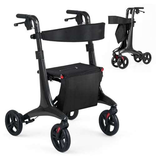 COSTWAY Rollator faltbar und leicht mit Sitz, Carbonfaser, 2 in 1 Rollstuhl & Reiserollator, Gehhilfe 6-fach höhenverstellbar, 20cm Reifen, Gehwagen mit Tasche, bis 136 kg, für Senioren, Schwarz