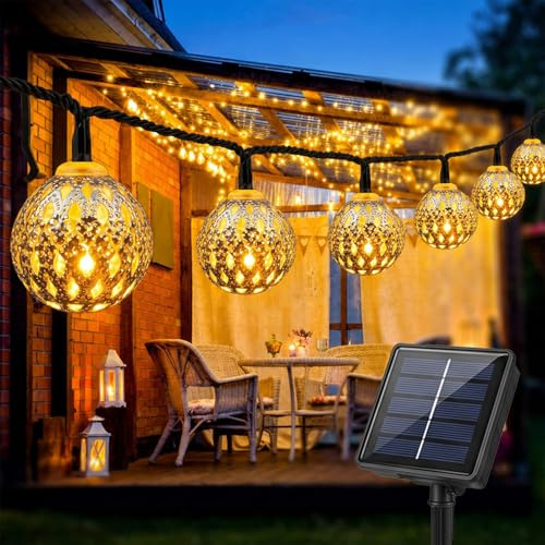 Marokkanischen Orb Schnurlichter, Lichterkette Aussen 5M 20 LED, IP65 Wasserdicht Silber Kugel Lichterkette Solarlampen, Modi Solarlichterkette Outdoor für Balkon, Garten, Terrasse, Partys, Warmweiß