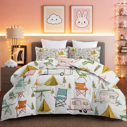 Mehrfarbig Bettdecke 4 Jahreszeiten, Bedruckt Bettdecken Niedlich Exquisit Wohnmobil Bettdecke ohne Bezug Warme & Weiche Waschbar Ganzjahresdecke 135 x 200 cm mit 2 Kissenbezug 80x80