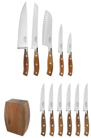 SABATIER TROMPETTE Ryokan Set avec 5 couteaux de cuisine, Bois de frêne | Set 5 couteaux de cuisine et bloc avec 6 couteaux steak, Acier 5Cr15MoV satiné, Manche frêne, Bois