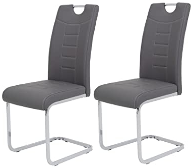 Hela Tische, 2er Set Schwingstuhl Küchenstuhl Ruby, Kunstleder Grau, Griffmulde, Metallgestell + Griff Chrom, 140kg belastbar