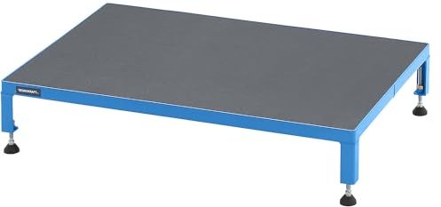 eurokraft | Arbeitsplattform | Höhenverstellbereich 165-230 mm | mit Siebdruckplatte | Plattform LxB 910 x 610 mm | lichtblau