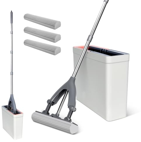 Masthome Sponge Mop and Buckets Sets, Floor Mops with 3pcs Super High Absorption Sponge Heads,Lazy Squeeze Mop Bucket with 135cm Extendable Handle for Laminate, Tile, Hardwood Floor Cleaning