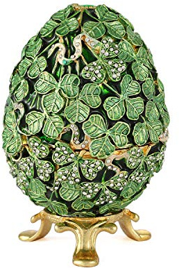Furuida Easter Egg Green Leaf Style Enameled Trinket Box Hinged Classic Ornaments Metal Craft Gift for Home Decor