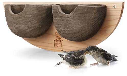 wildtier herz I 2er Schwalbennest, Nisthilfe Natur für Mehlschwalben aus Massiv-Holz und naturgetreuen Schlammerden - unbehandelt, wetterfest, Schwalben Nistkasten