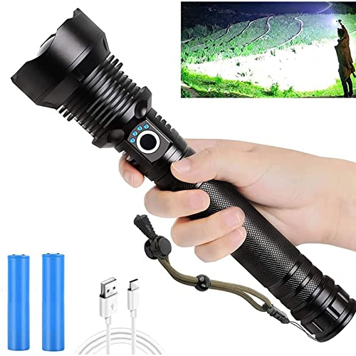 90000 Lumen XHP90.2 LED Taktische Taschenlampe, 3 Modi USB Zoom Wasserdichte Camping Taschenlampe für Outdoor Jagd Notfall Militär Polizei Survival.(Mit 2 x26650 Akku)