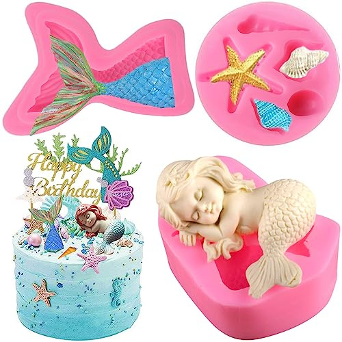 Saijer Meerjungfrau Silikonform,3D Simulation Meerjungfrau Schimmel Meerestiere Fondant Formen Clownfisch Seestern Muschel für Backen Schokolade Kuchen Süßigkeiten Seifen Eiswürfel Kerze(3 Pcs)