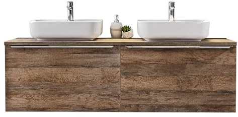 Lomadox Badezimmermöbel Doppel Waschtisch Unterschrank Set 160cm, Vintage Oak Eiche, 2 Keramik-Aufsatz Waschbecken, 4 Softclose-Schubkästen
