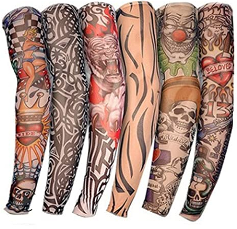 Faux Manchons de Tatouage, 6 Pcs Manches de Tatouage Nylon de Mode Elastique Protections Solaires Wearable pour Garçon Filles Rock Star Day Halloween Fancy Dress Party, Unisexe