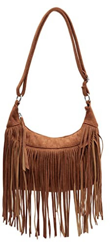 Tekzitfuir Damen-Umhängetasche mit Fransen, Hippie-Umhängetasche, Wildlederimitat, Hobo-Quaste, Kuriertasche, Boho-Geldbörse, Braun