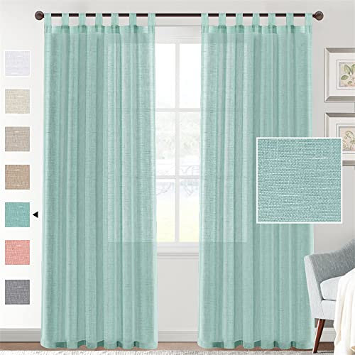 Hiseng Faux Linen Voile Tab Top Curtains 2 Panels, Semi Sheer Linen Look Net Curtains Window Drapes Privacy Protected for Home Bedroom Living Room Balcony Decorative (132x241cm,Mint Green)