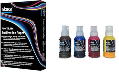 akaca Sublimationstinte (4 x 140ml) Satz von 100 Sublimationsblättern A4 210x297mm 125gsm Kompatibel mit Epson EcoTank Supertank Drucker ET-2720 ET-2760 ET-2800 WF7710 ET-2850