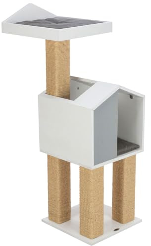 TRIXIE Katzen-Kratzbaum Jonte, mit Höhle – 115 cm, grau/weiß | Robuste Sisal-Kratzflächen und weiche Polster – bietet Kratzspaß, Spiel und entspannten Rückzug für Katzen – Be Nordic