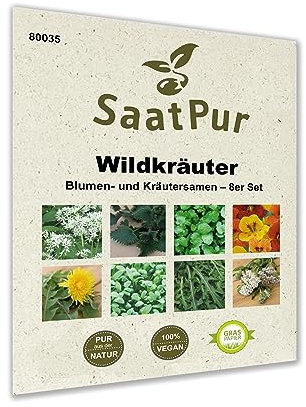 SaatPur® Saatgut Wildkräuter 8er Set für ca. 950 Pflanzen, 8 Saattüten: Basilikum, Bärlauch, Brennnessel, Brunnenkresse, Kapuzinerkresse, Löwenzahn, Gartenkresse, Wilde Rauke, Schafgarbe