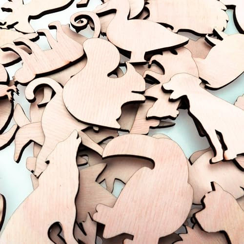 CHIC&CHARM 50 Stück, 25 Typen Holztiere, Tiere Formen, Natur 4,5 cm Holz, blanko, zum Basteln, Holzstücke, Mini tiere. DIY